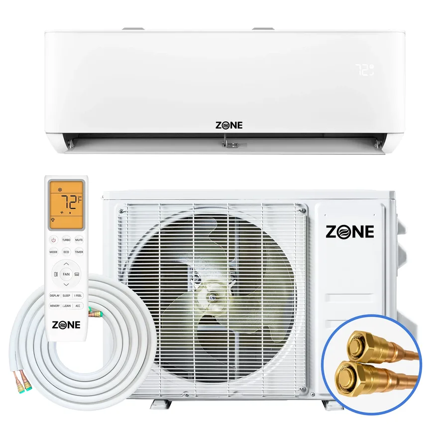 Zone Air 115V mini split kit: white wall unit, outdoor condenser, remote control and a coiled pre-charged line set with brass quick-connect fittings