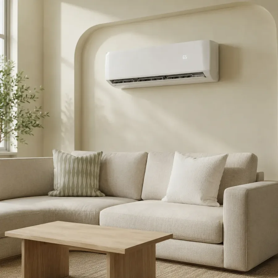 120V DIY mini split indoor unit mounted high on a living room wall above a beige sectional sofa
