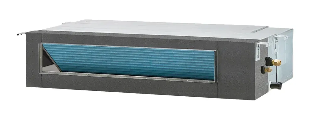 Zone Air Thin-Air slim concealed ducted air handler, the indoor unit of a DIY concealed duct mini split system, with quick-connect refrigerant ports
