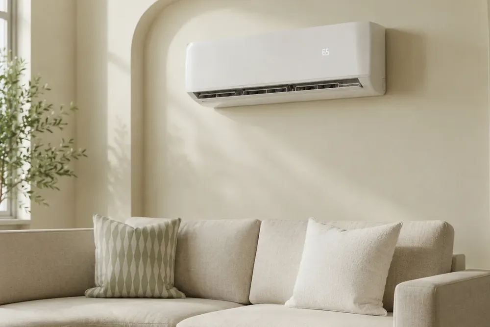 Wall-mounted mini split for cabin 2026 displaying 65 degrees above a light-colored sectional sofa in a bright minimalist living space