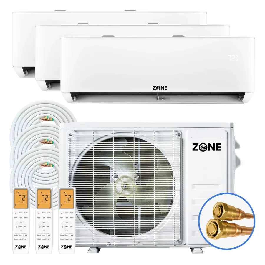 Multi-zone mini split system with one outdoor condenser, three wall-mounted indoor units, three remote controls, coiled refrigerant lines, brass quick-connect fittings, and 'ZONE' branding, a best diy 3-zone mini split 2026 setup