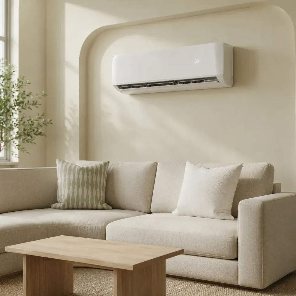 White wall-mounted mini split unit above a beige sectional sofa, a diy mini split cheapest to install option for home cooling
