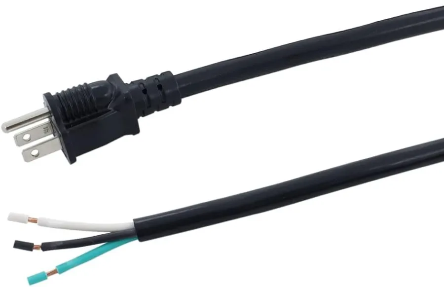 3-prong power cord kit for a 120V plug-in mini split: NEMA 5-15P plug on one end, stripped hot, neutral and ground leads for the outdoor unit terminal block on the other