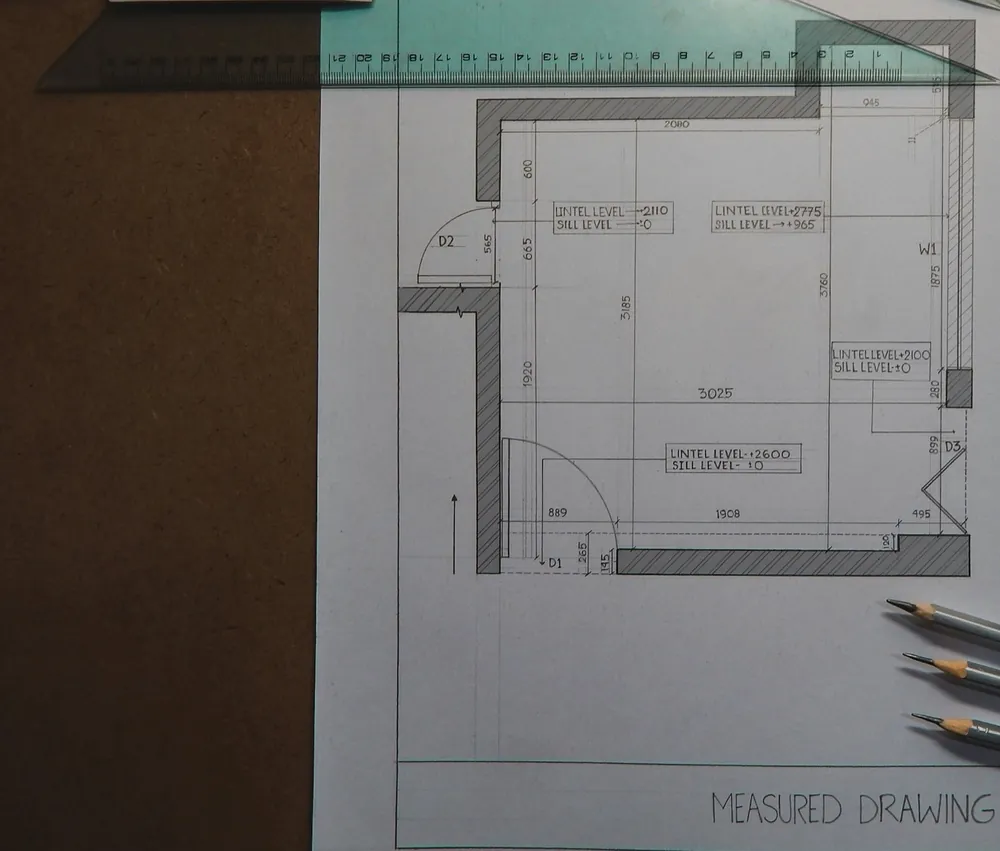 Architectural elevation drawing with door and window dimensions next to pencils, ruler, and notes for mitsubishi mini split btu calculator planning